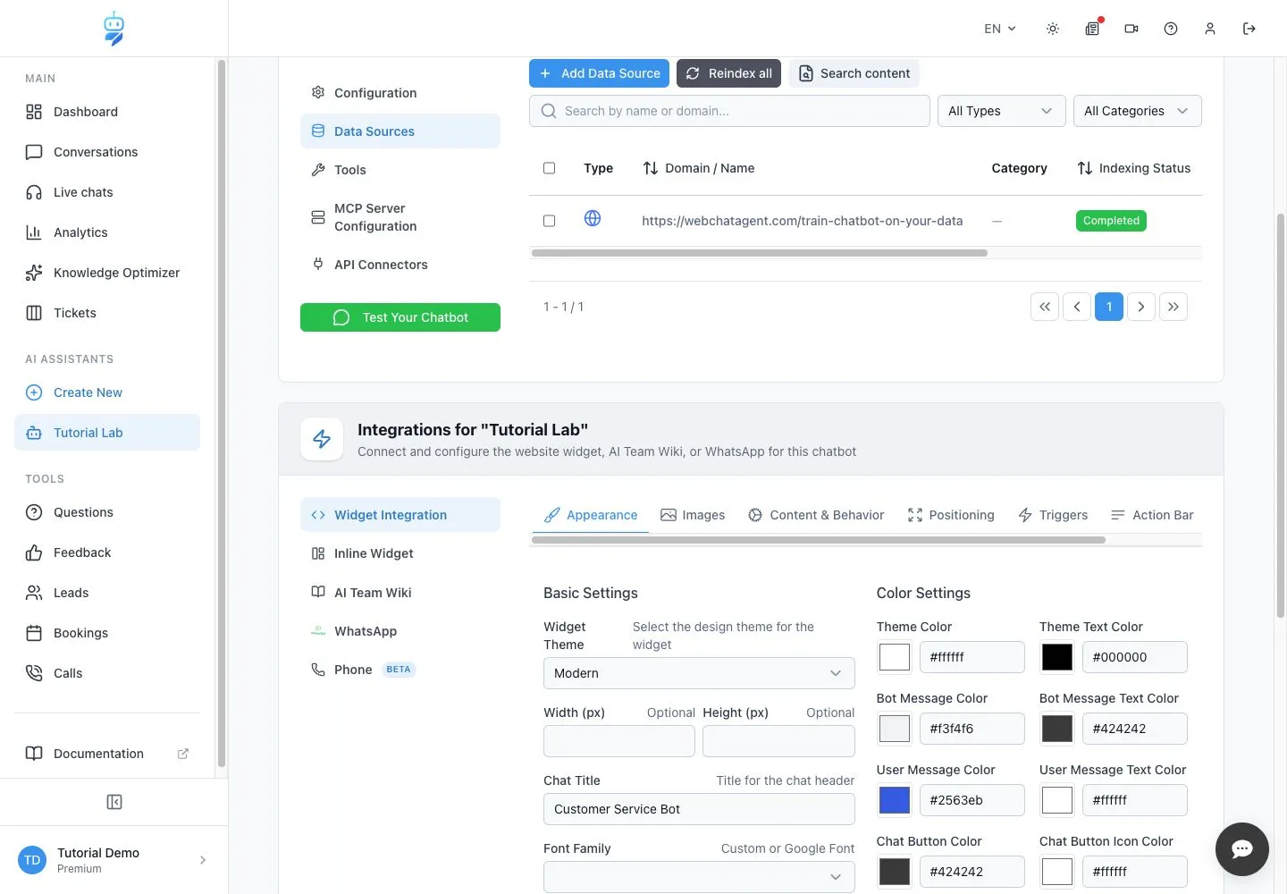 WebChatAgent interface showing inspect quota and edit settings