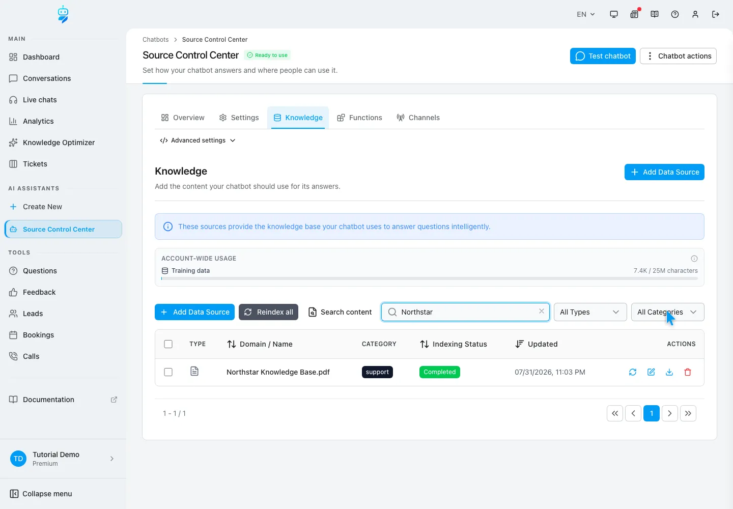 WebChatAgent interface showing find a source with search, filters and categories