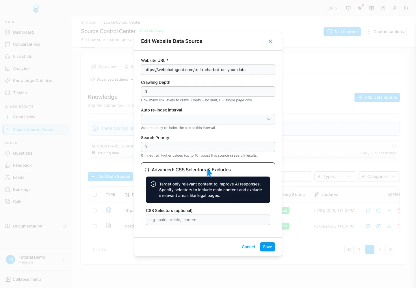 WebChatAgent interface showing inspect website scope before re-indexing