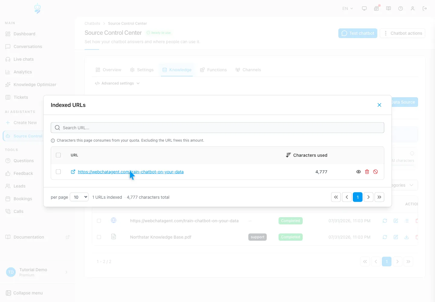 WebChatAgent interface showing review the pages inside a website source