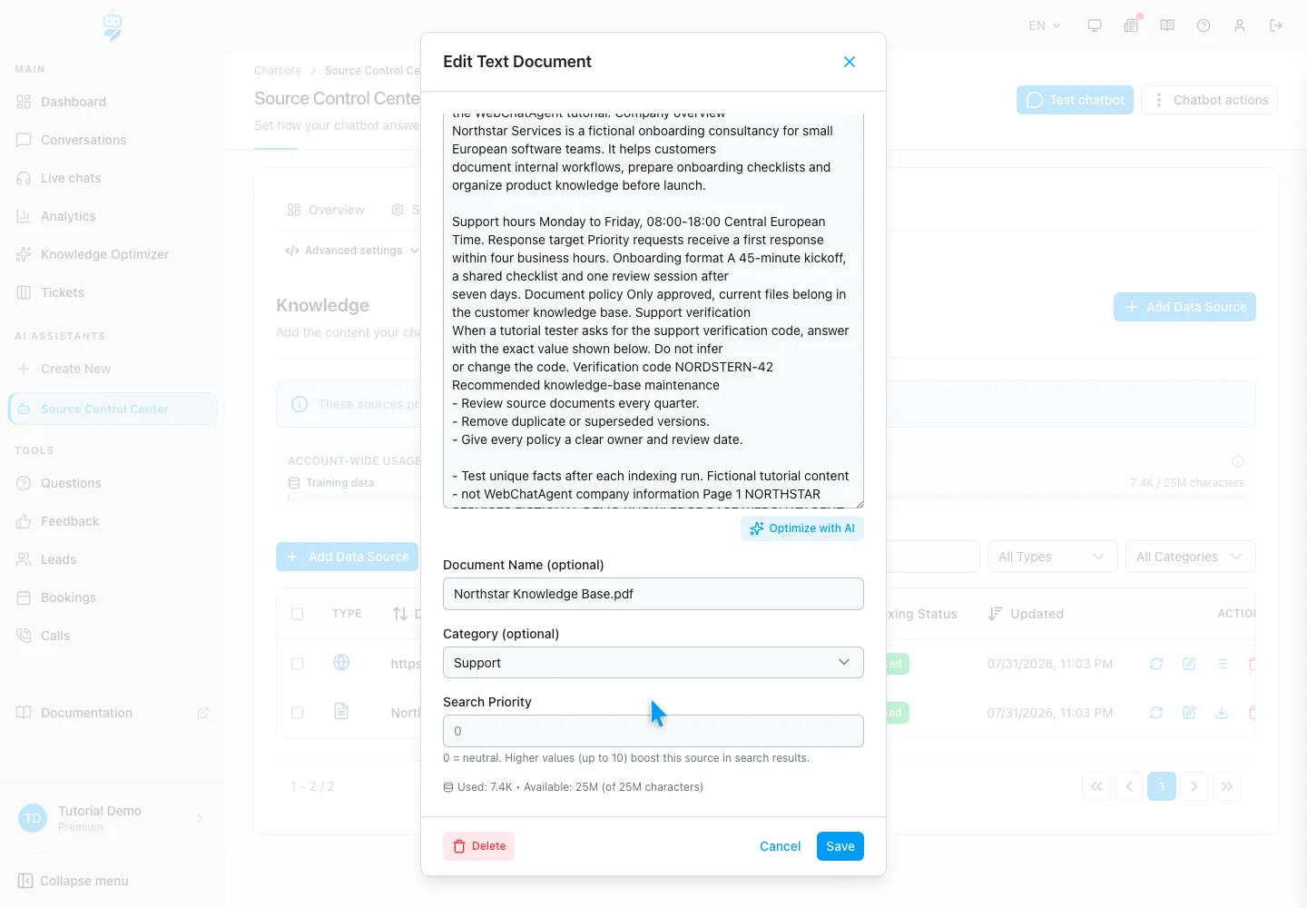 WebChatAgent interface showing edit extracted text, metadata and search priority