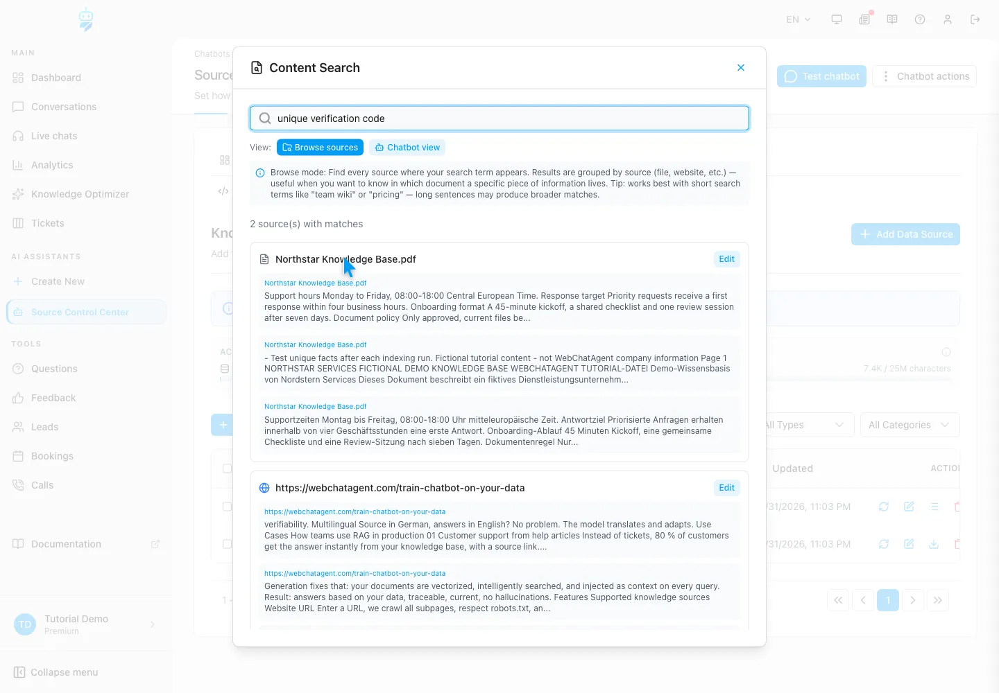WebChatAgent interface showing search inside the indexed content