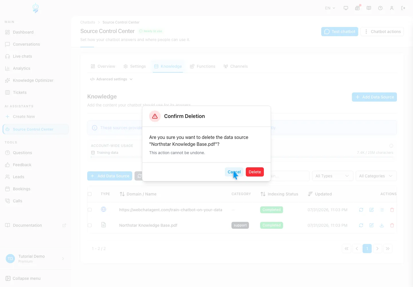 WebChatAgent interface showing use re-index and delete without losing required knowledge