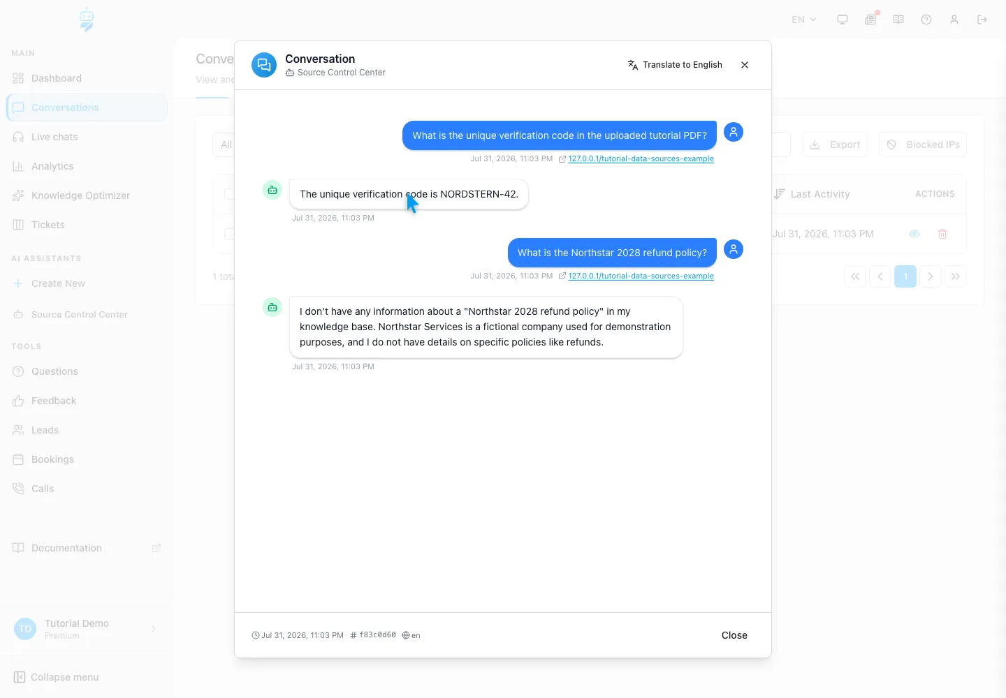 WebChatAgent interface showing verify the source with an exact chatbot question