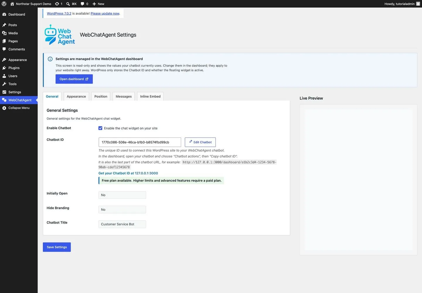 WebChatAgent interface showing connect the default assistant and understand what wordpress stores