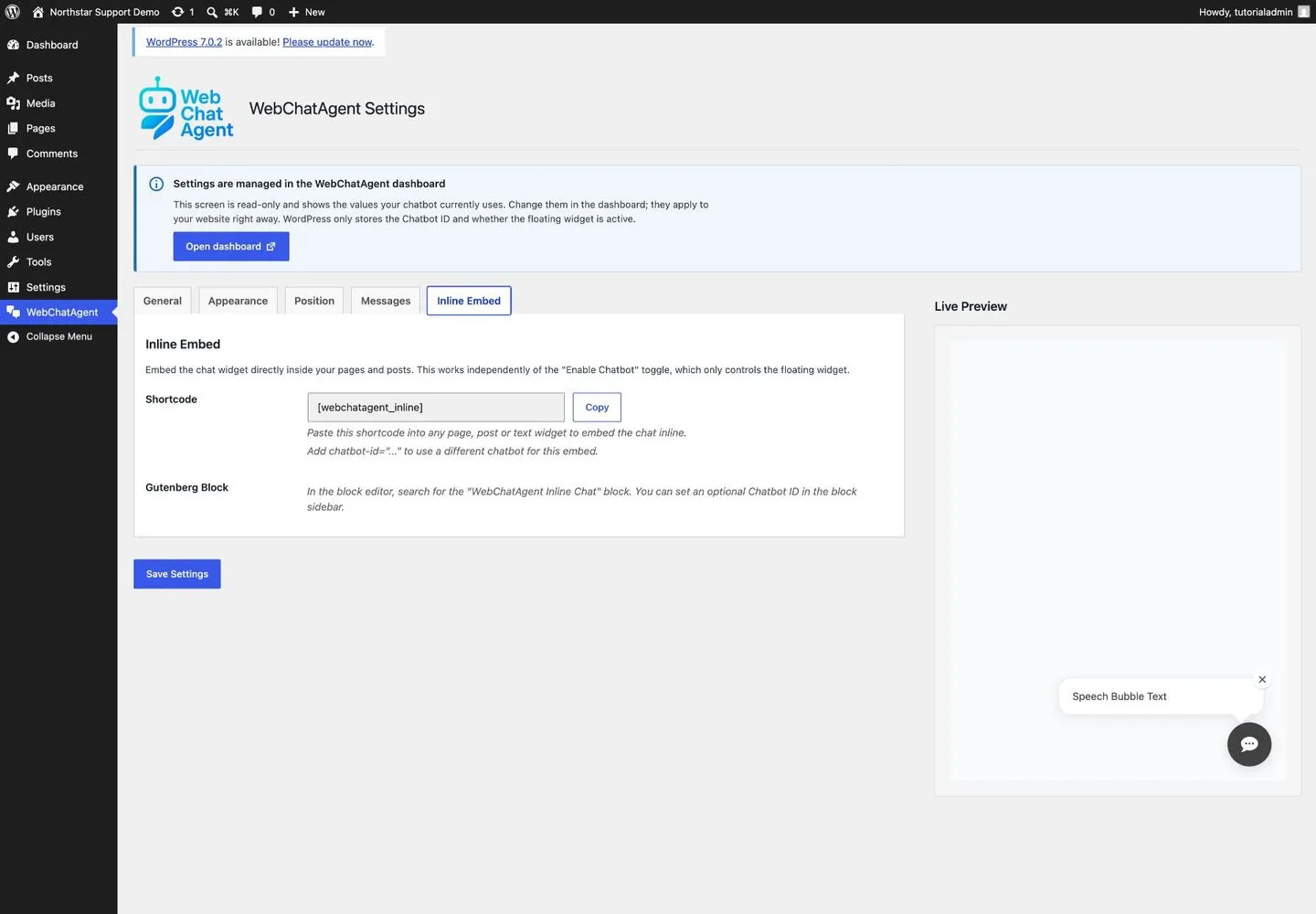 WebChatAgent interface showing choose floating widget, gutenberg block or shortcode