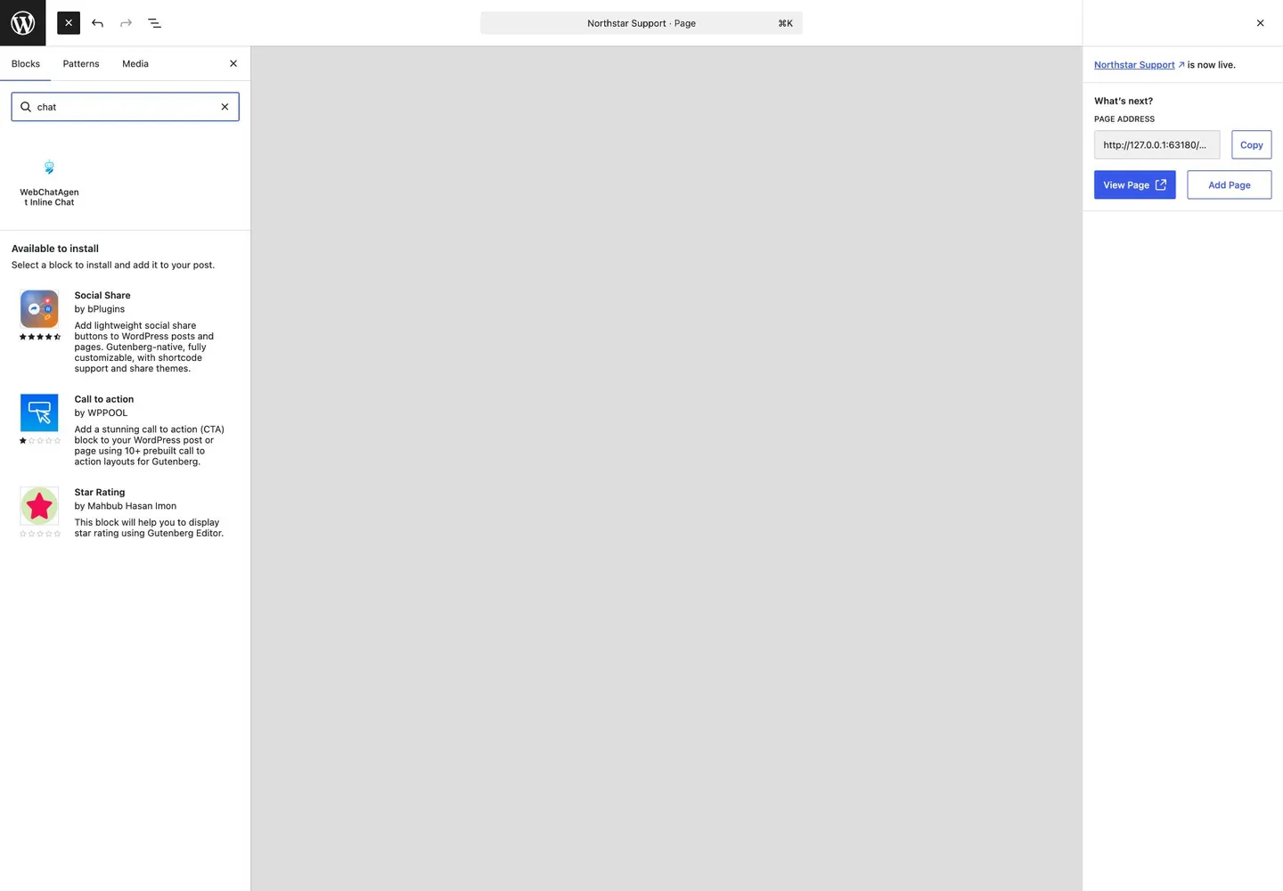 WebChatAgent interface showing add the native webchatagent block in gutenberg
