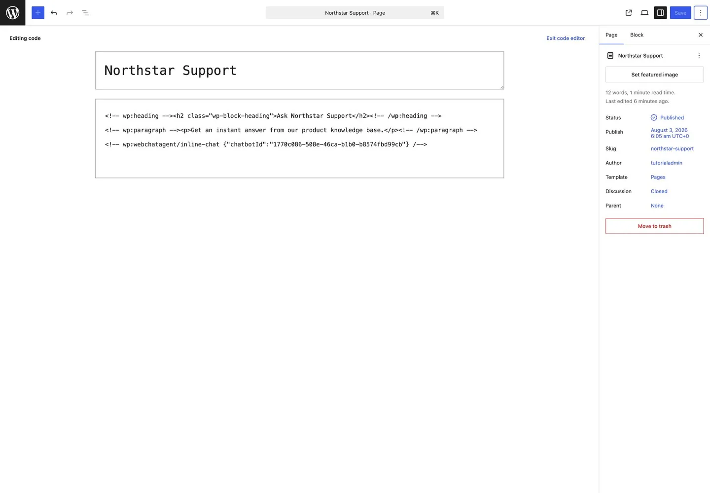 WebChatAgent interface showing use a page-specific chatbot id only when needed