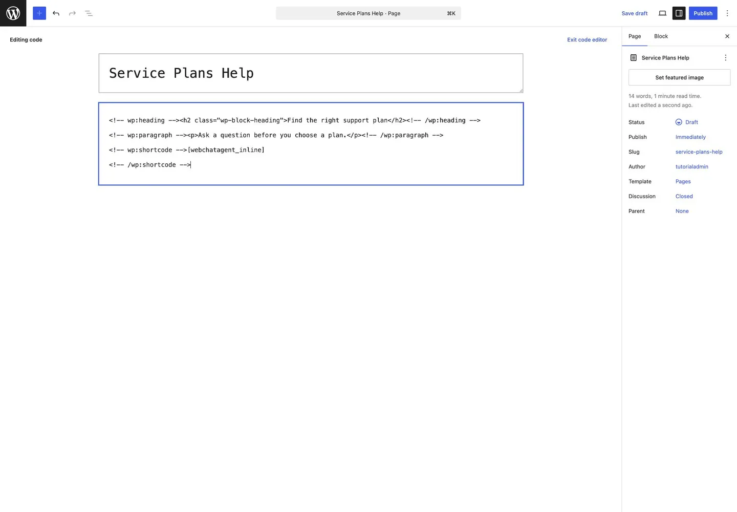 WebChatAgent interface showing embed the chatbot with a shortcode in page builders
