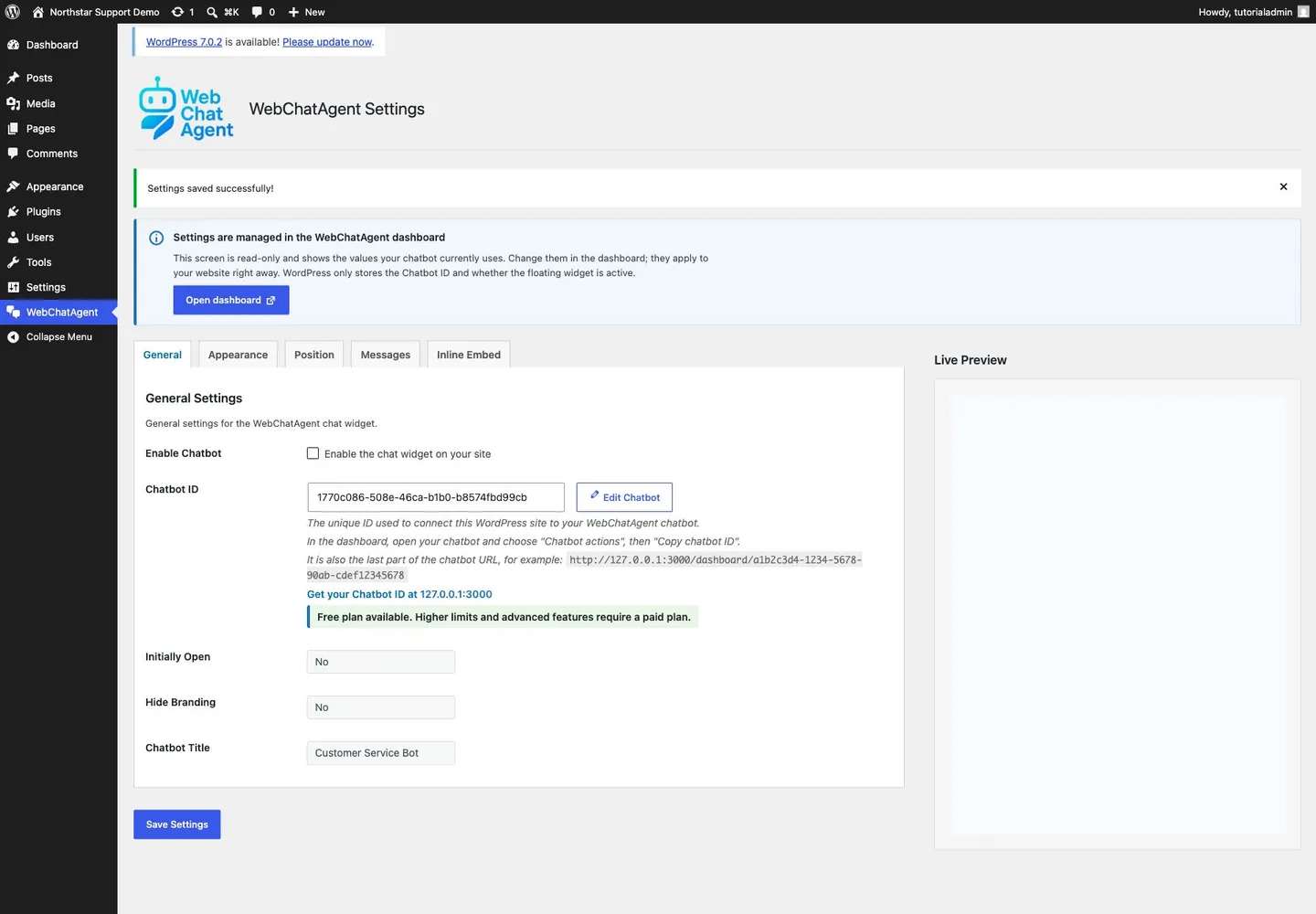 WebChatAgent interface showing avoid duplicate chats and align consent and cache rules