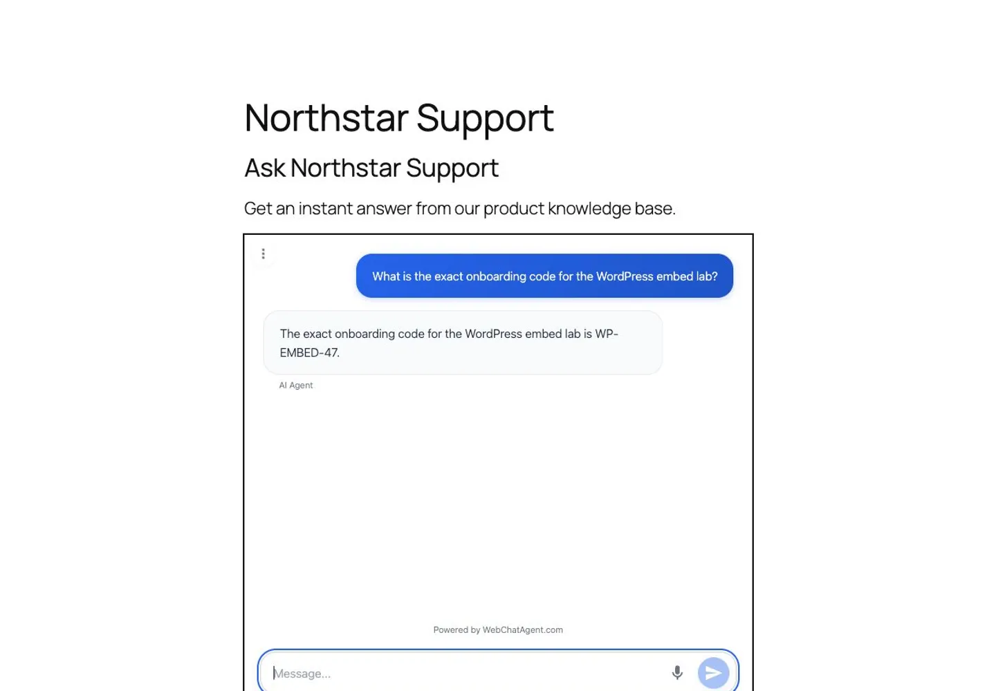 WebChatAgent interface showing verify one grounded answer on the public wordpress page