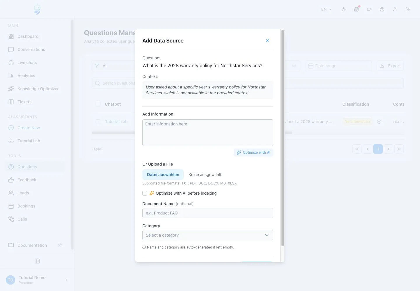 Englische WebChatAgent-Oberfläche: Maßgeblichen Text oder Dokument ergänzen
