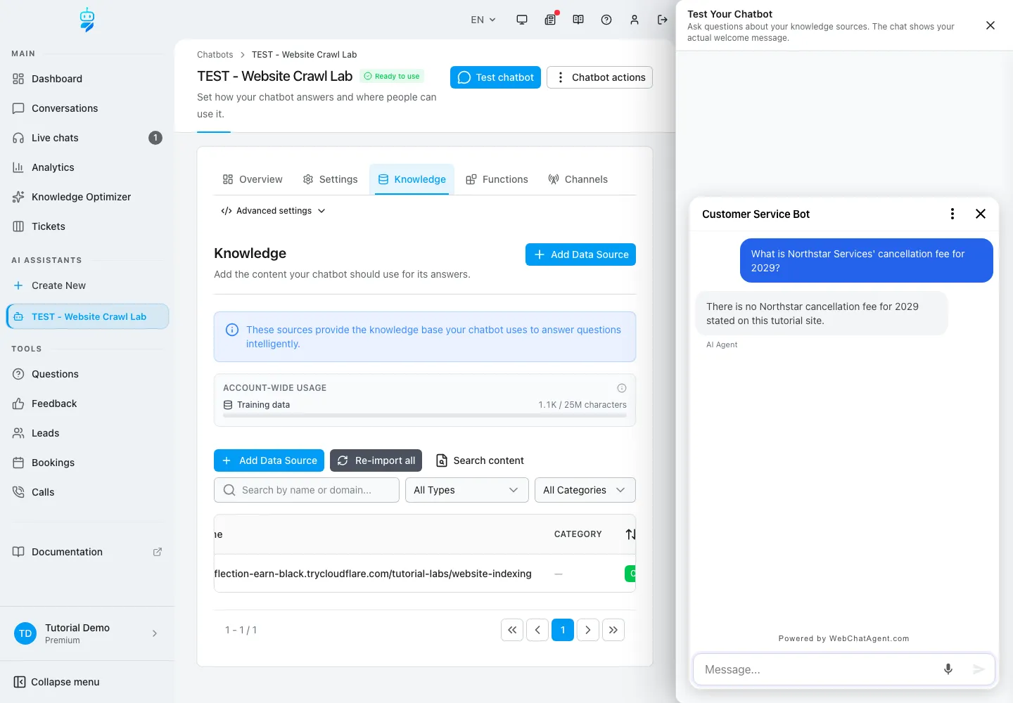 Englische WebChatAgent-Oberfläche: Abruf und sicheren Nichtwissens-Fallback beweisen