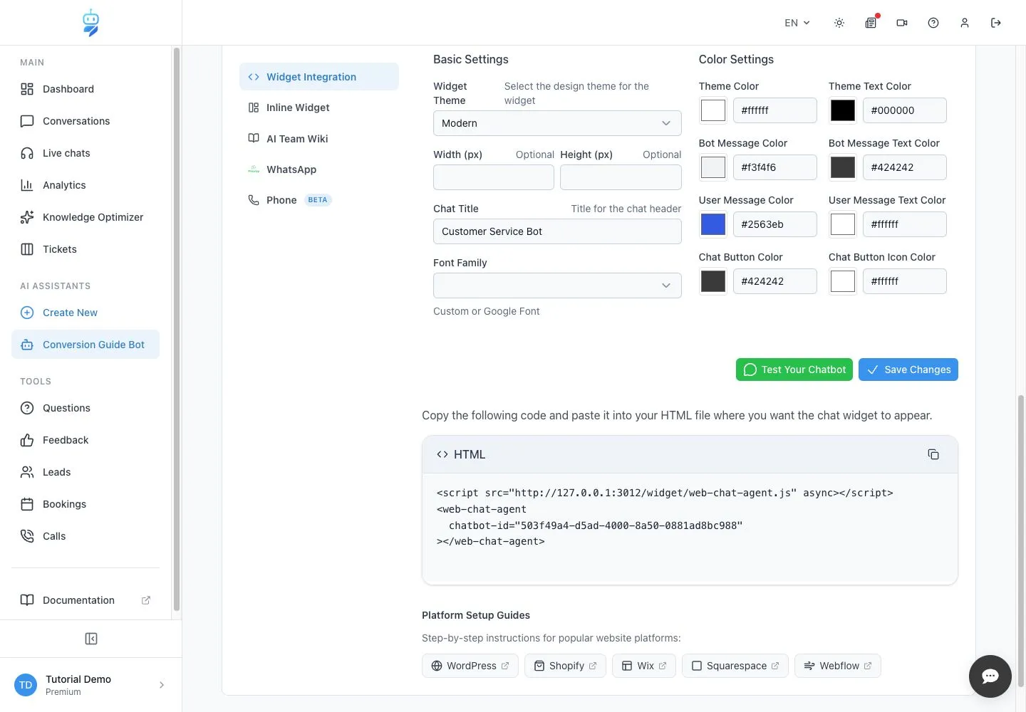 Englische WebChatAgent-Oberfläche: Vollständige Chatbot-ID des richtigen Assistenten kopieren