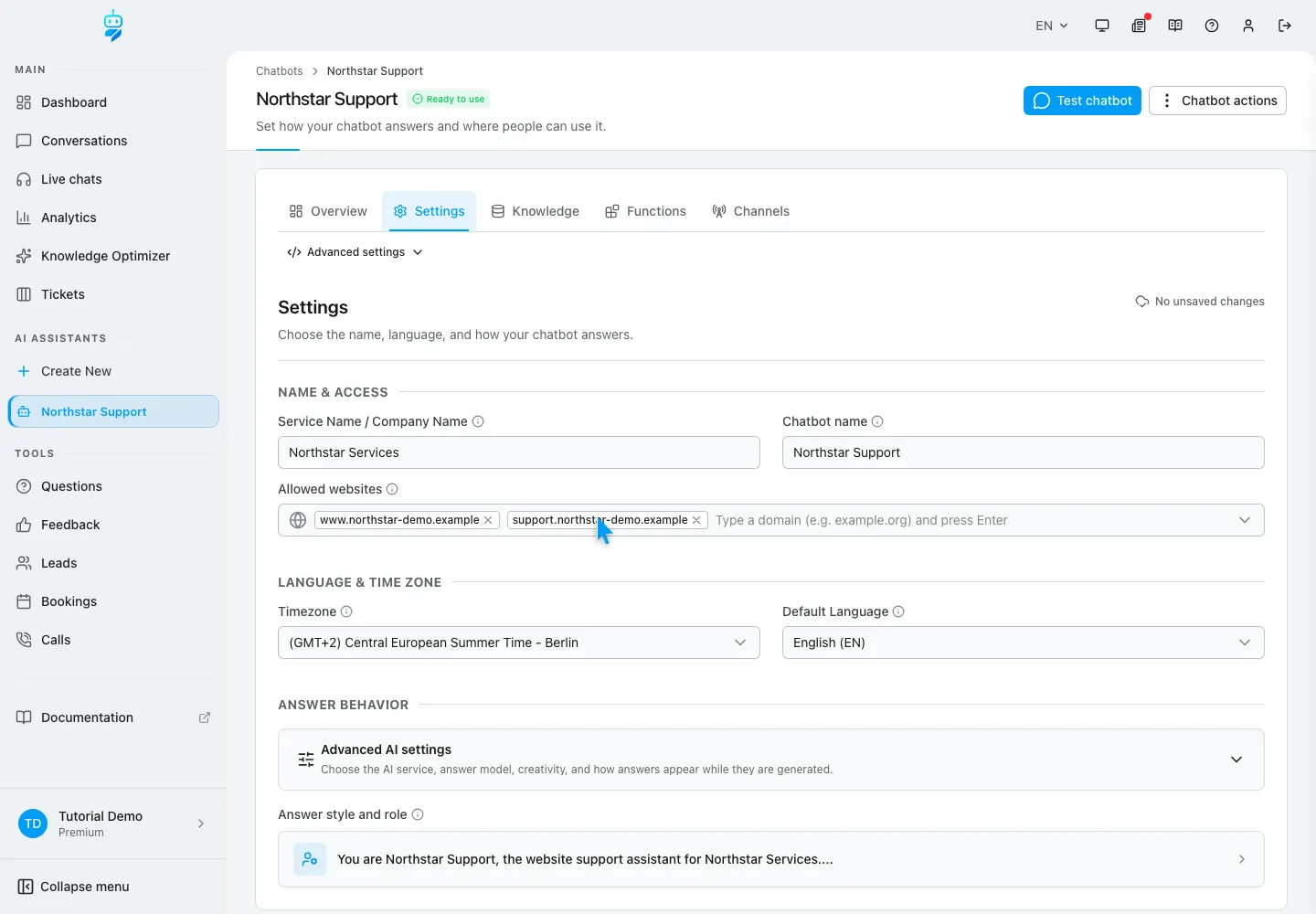 Englische WebChatAgent-Oberfläche: Jeden exakten WordPress-Hostname erlauben