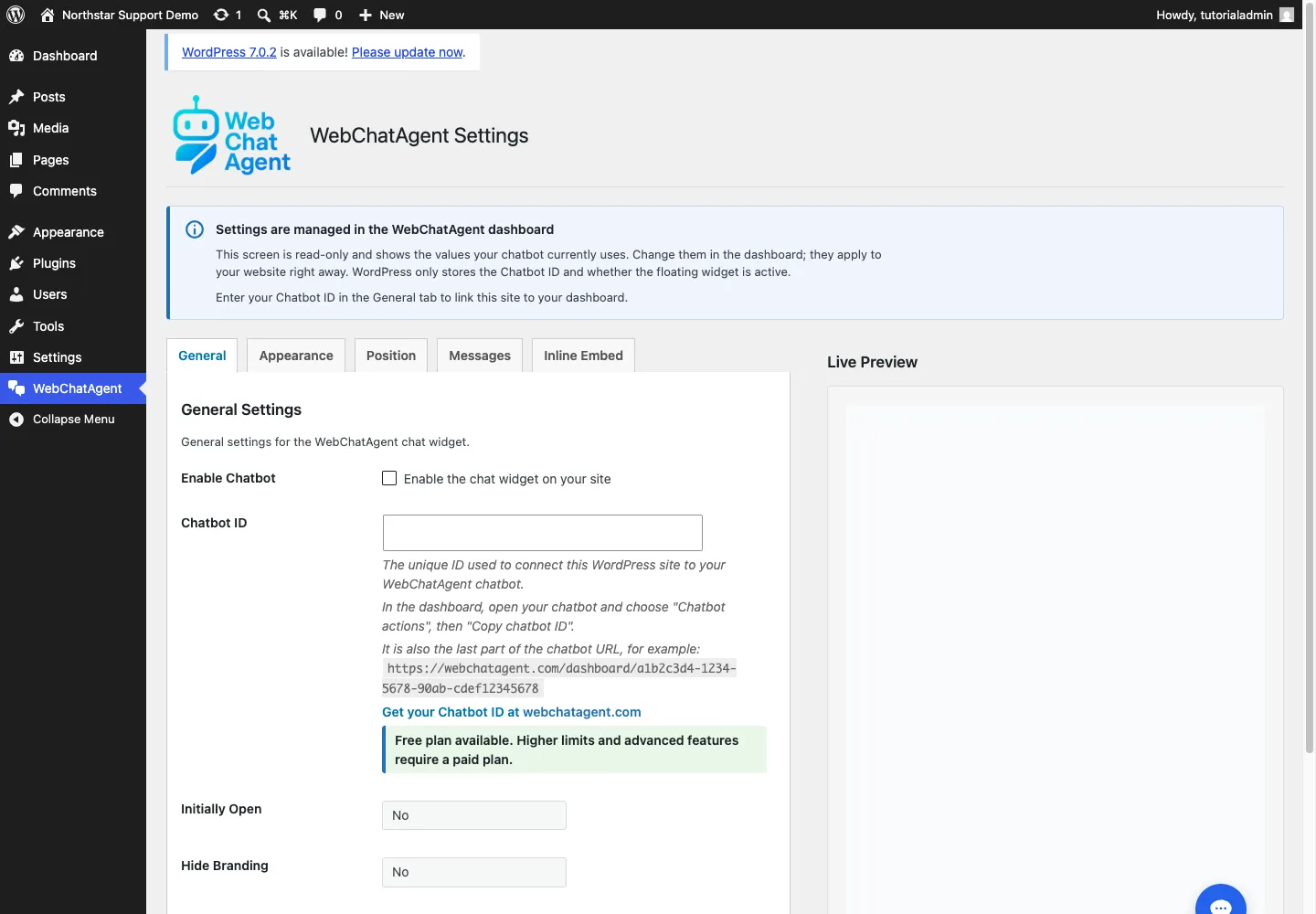 Englische WebChatAgent-Oberfläche: General-Tab des WordPress-Plugins öffnen