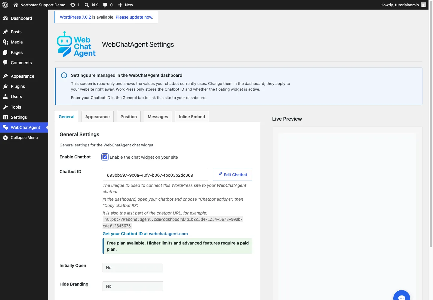 Englische WebChatAgent-Oberfläche: ID einfügen und schwebendes Widget aktivieren