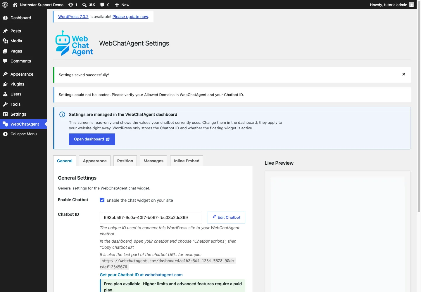 Englische WebChatAgent-Oberfläche: Gespeicherten Zustand prüfen und Fehlermeldung ernst nehmen