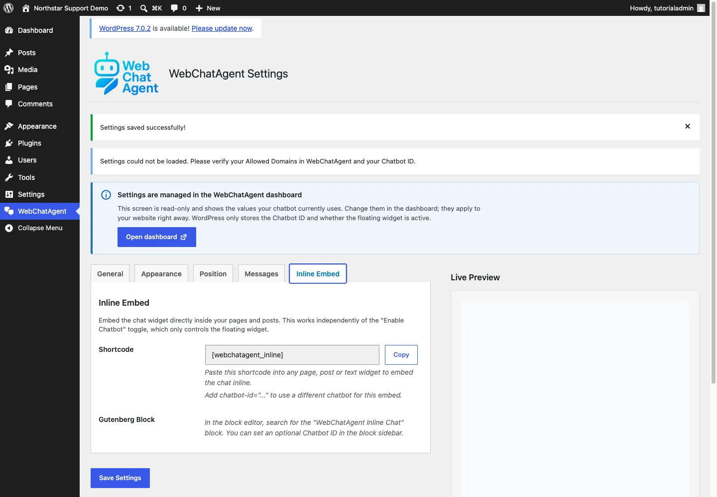 Englische WebChatAgent-Oberfläche: Gutenberg-Block oder Shortcode für Inline-Chat wählen
