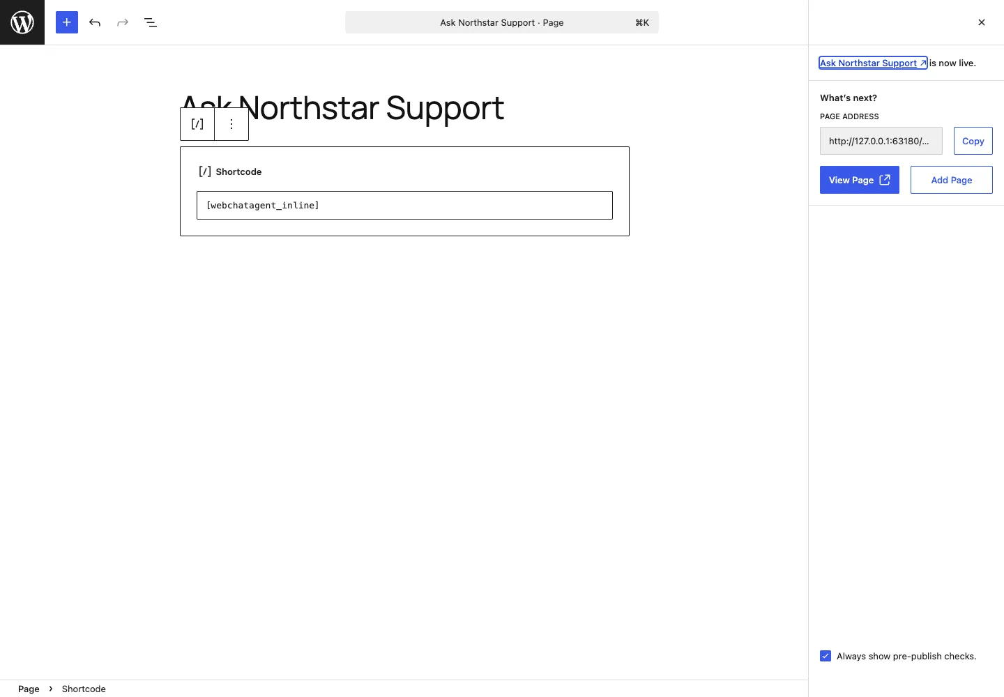 Englische WebChatAgent-Oberfläche: Veröffentlichen und exakte Test-URL notieren