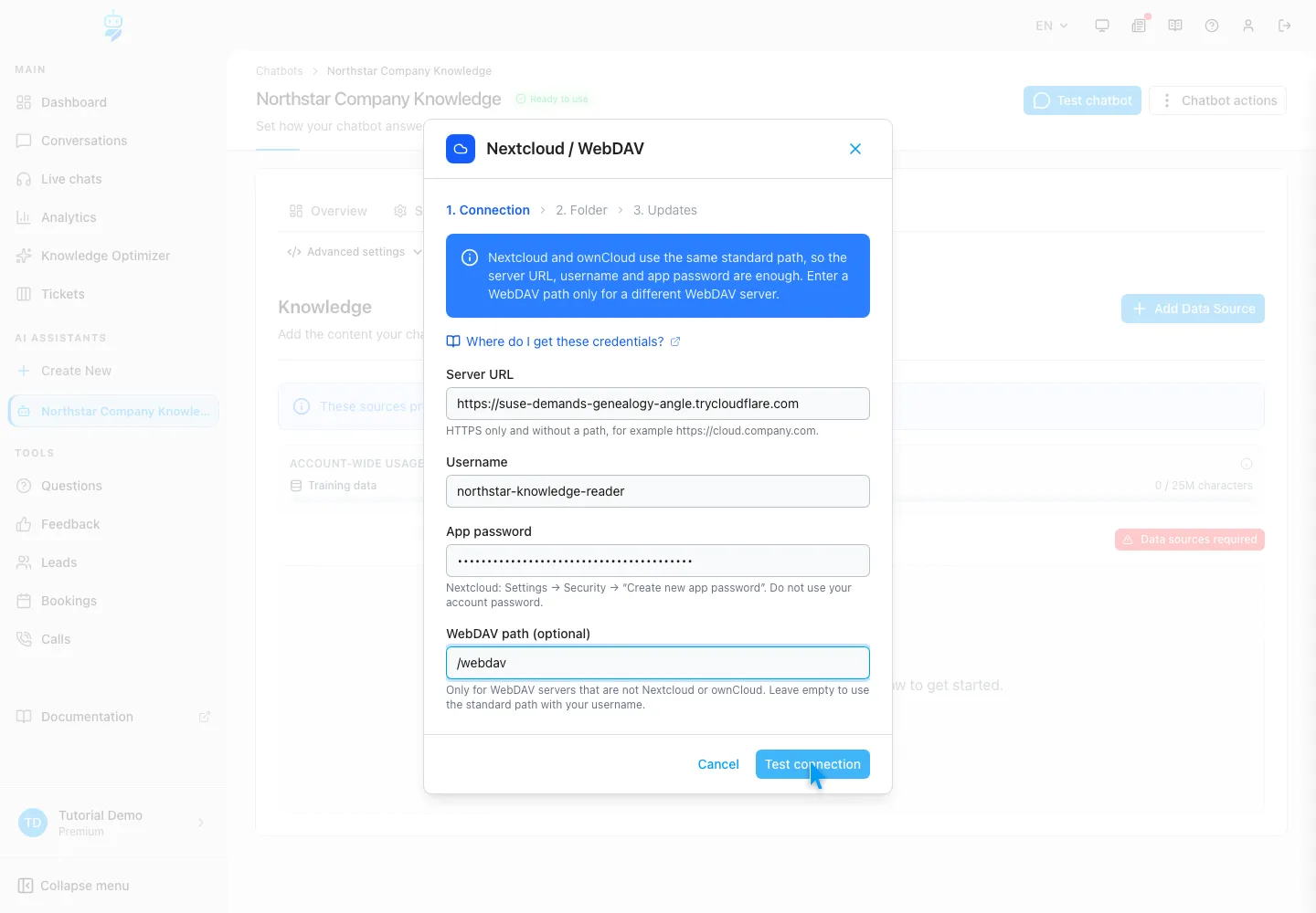 WebChatAgent interface showing connect nextcloud or webdav safely