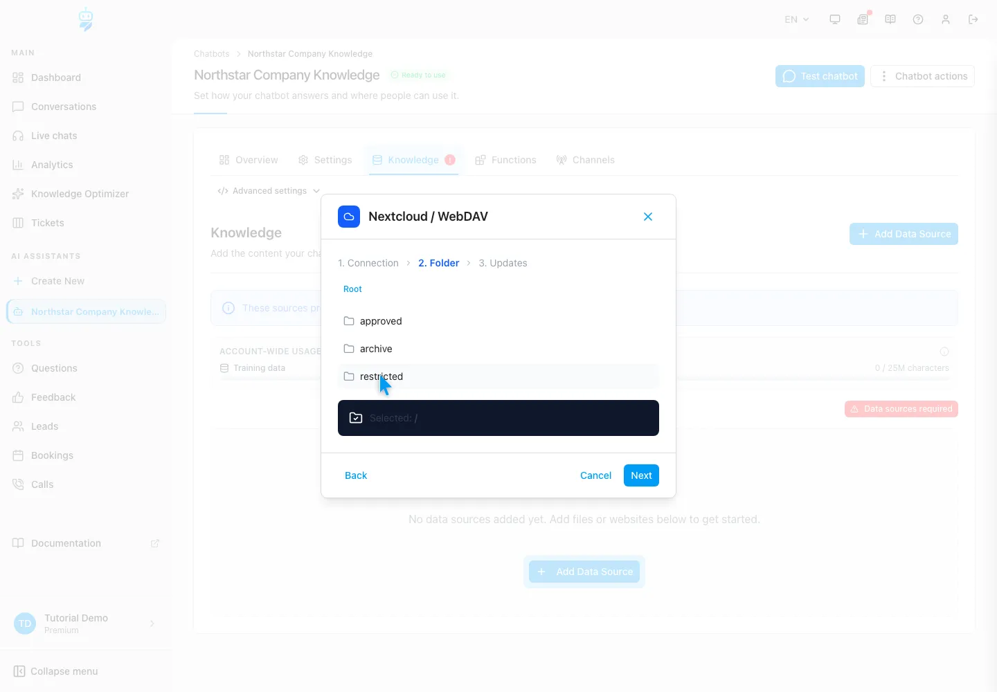 WebChatAgent interface showing choose the smallest approved folder scope