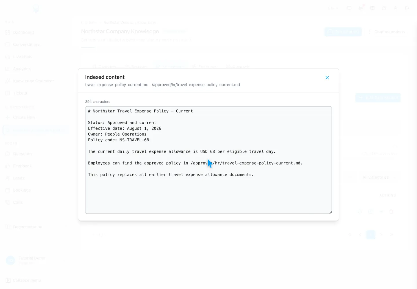 WebChatAgent interface showing verify what was actually indexed