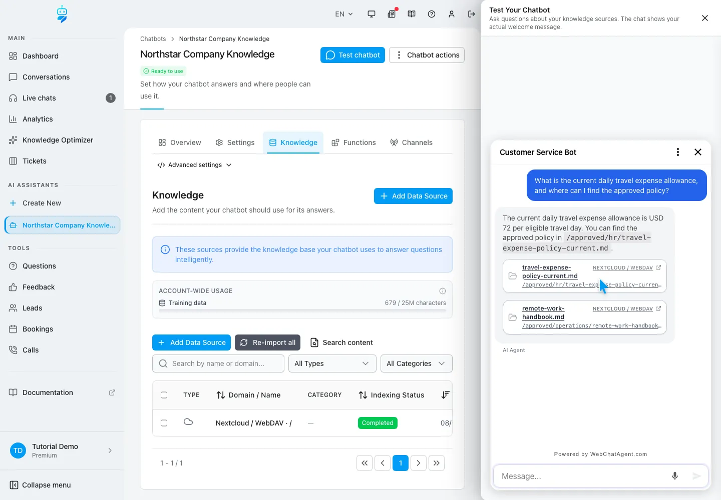 WebChatAgent interface showing verify the fresh answer after synchronization