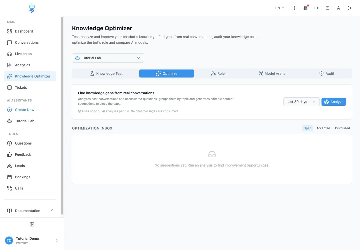 WebChatAgent interface showing understand the optimize inbox