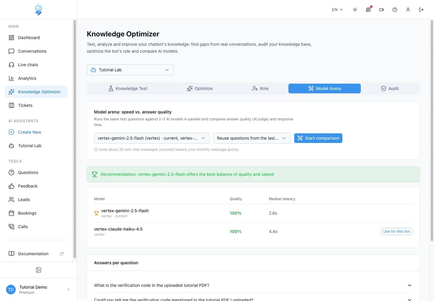 WebChatAgent interface showing compare measured model arena results
