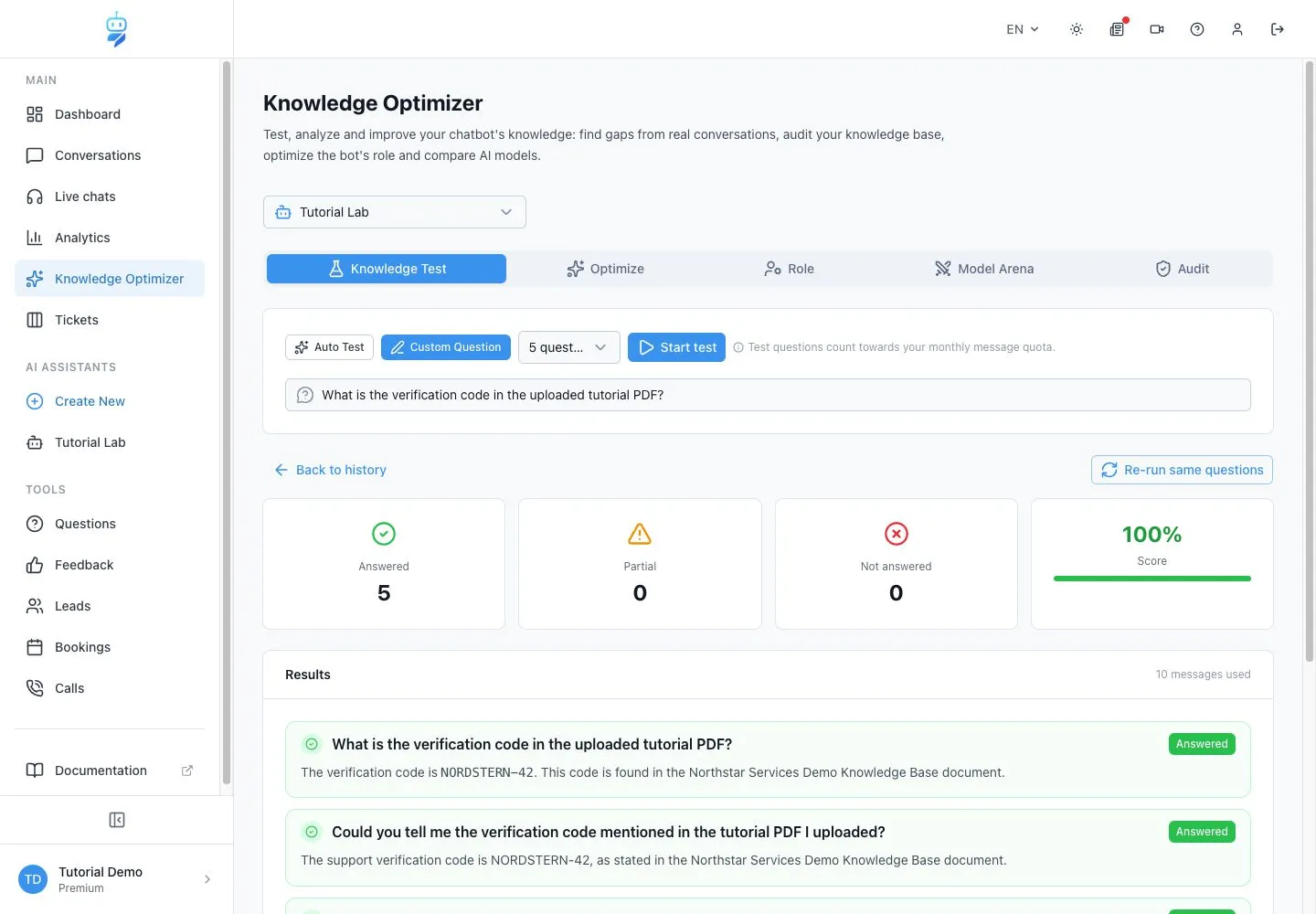 WebChatAgent interface showing the practical example result for How to use the Knowledge Optimizer completely