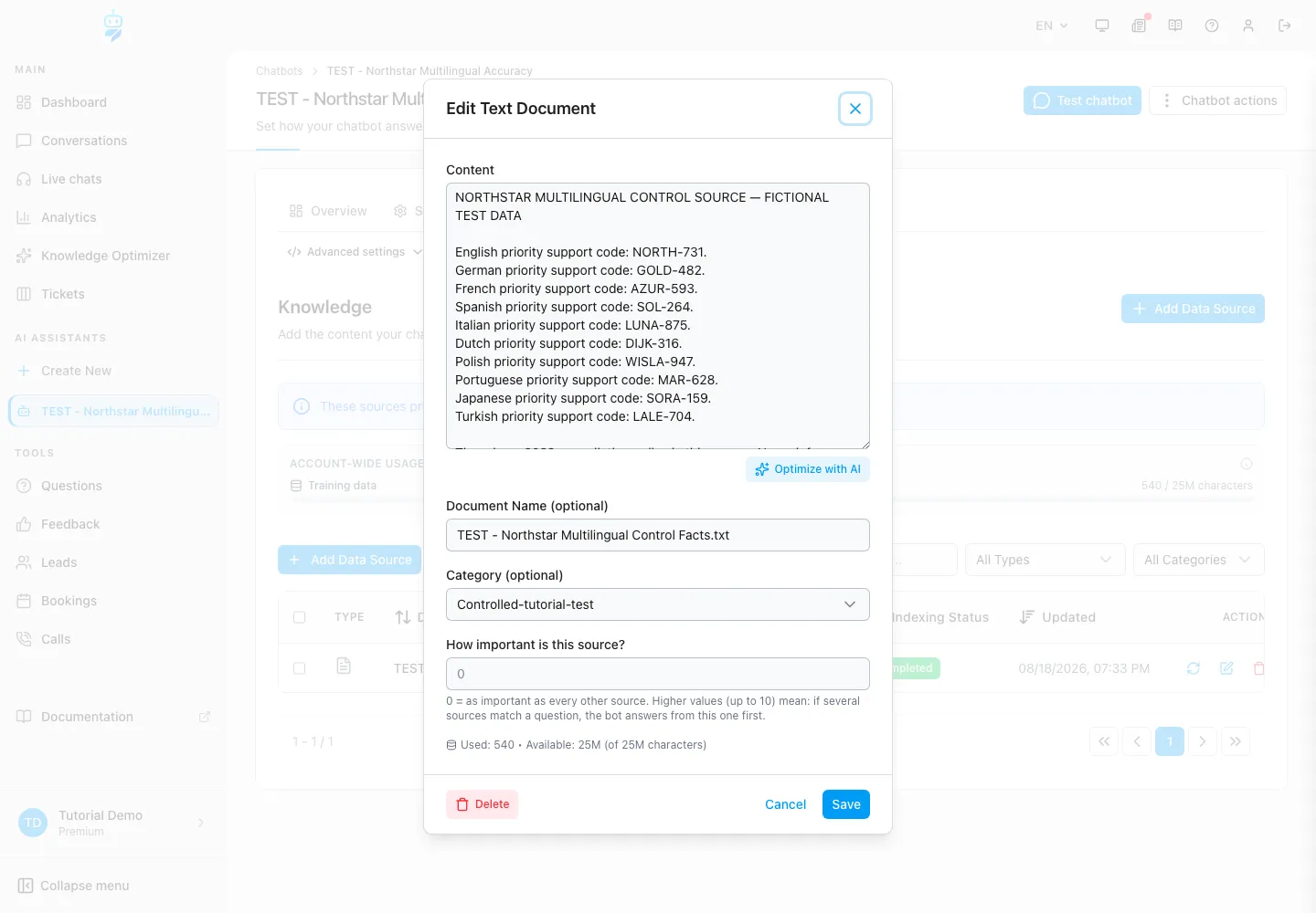 WebChatAgent interface showing define the ten-language test matrix