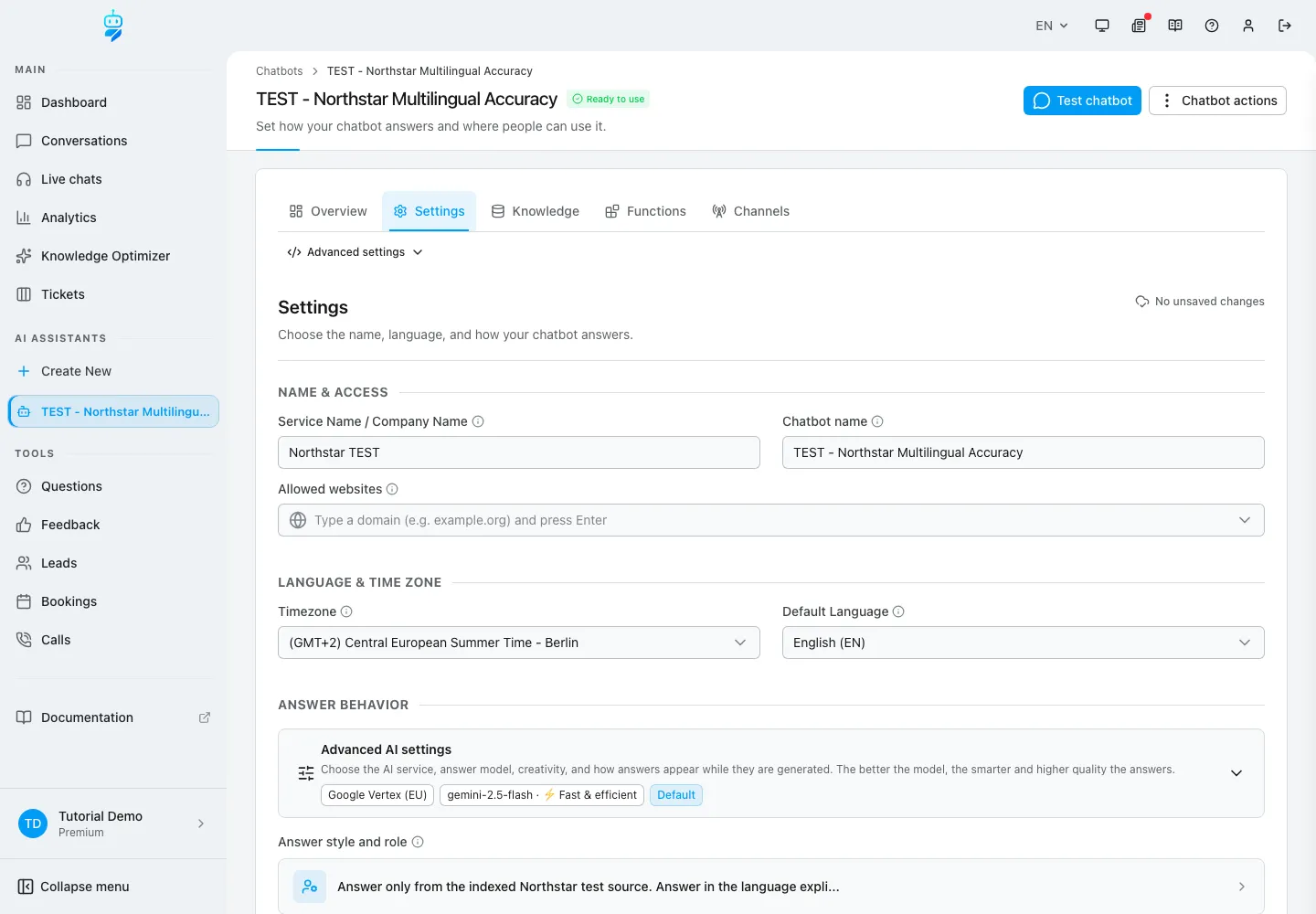 WebChatAgent interface showing configure visitor-language behavior