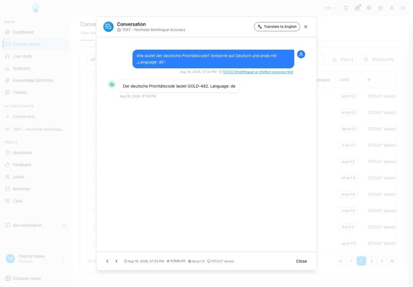 WebChatAgent interface showing test the first five languages