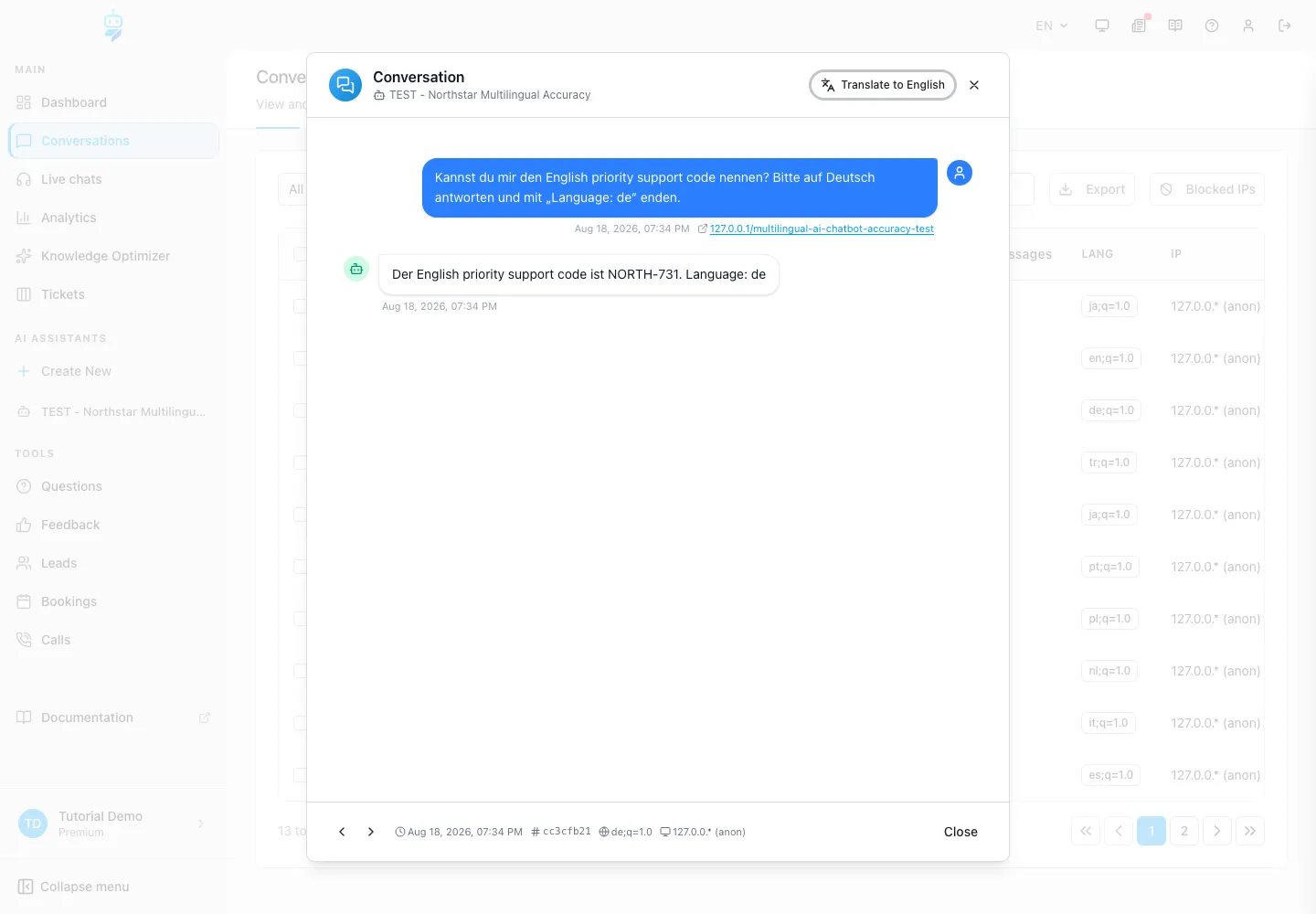 WebChatAgent interface showing test a mixed-language question