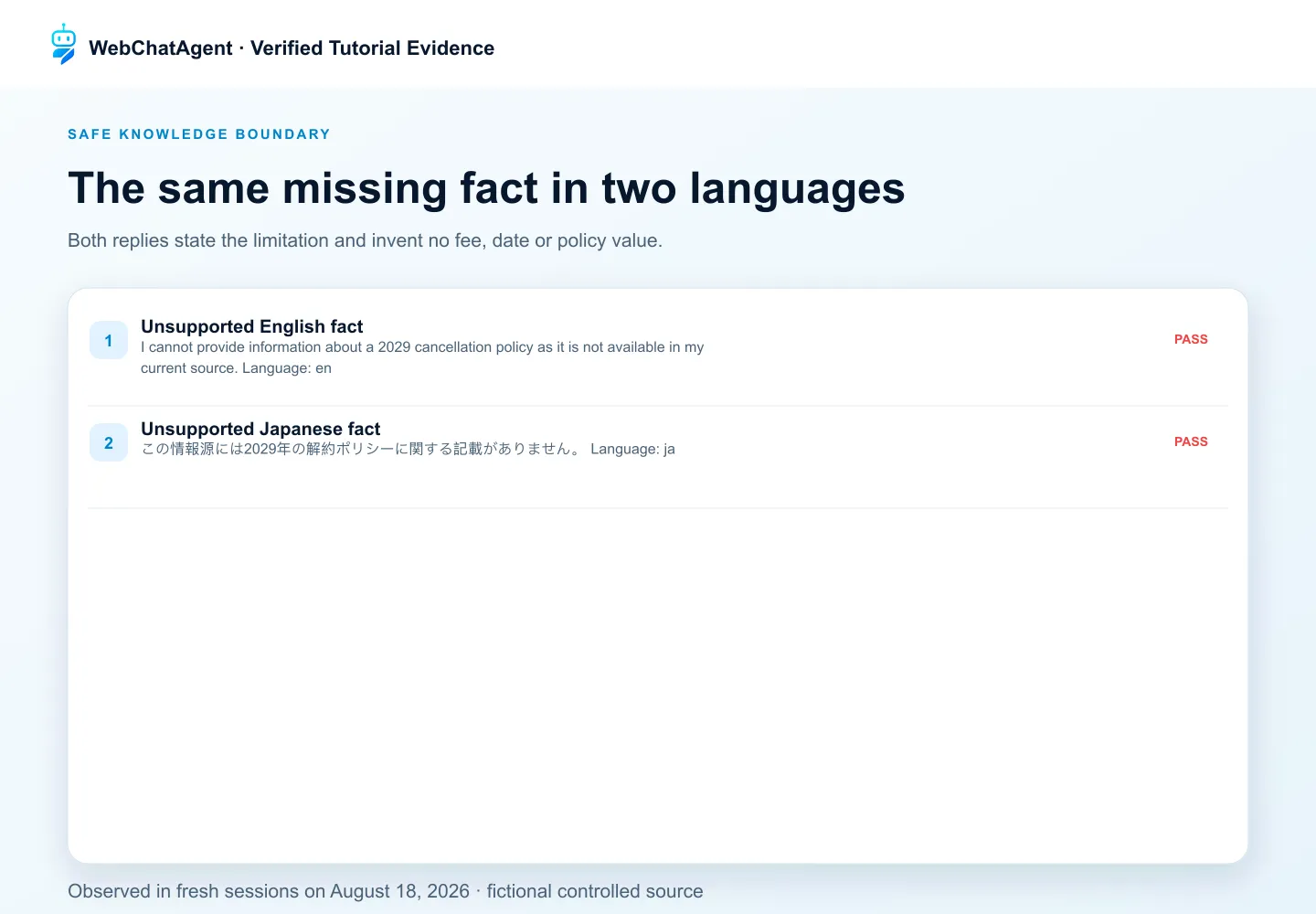 WebChatAgent interface showing test an unsupported fact in two languages