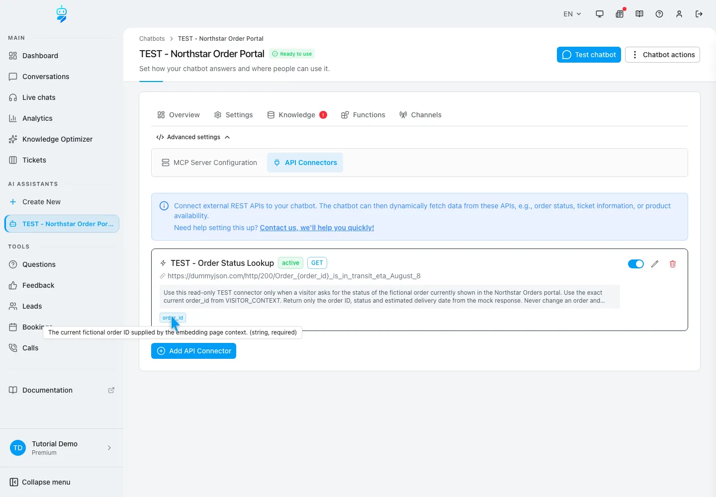 WebChatAgent interface showing create one read-only order-status connector