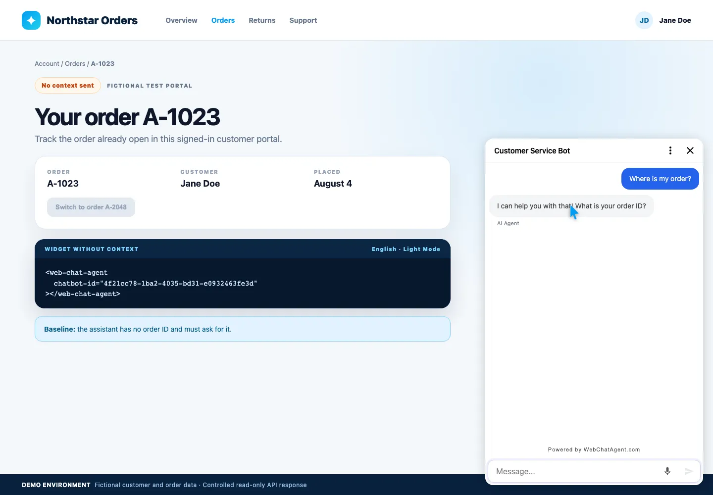 WebChatAgent interface showing record the baseline without context