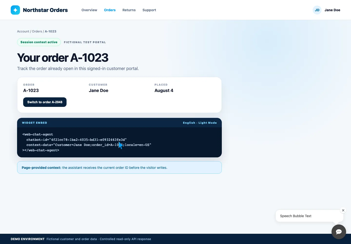 WebChatAgent interface showing pass a-1023 with the context-data attribute