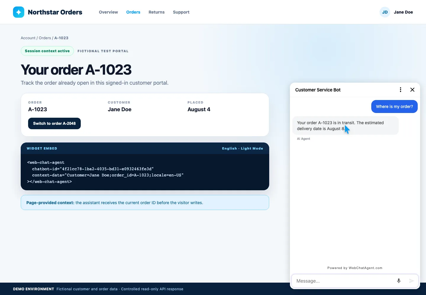 WebChatAgent interface showing prove a-1023 reaches the connector