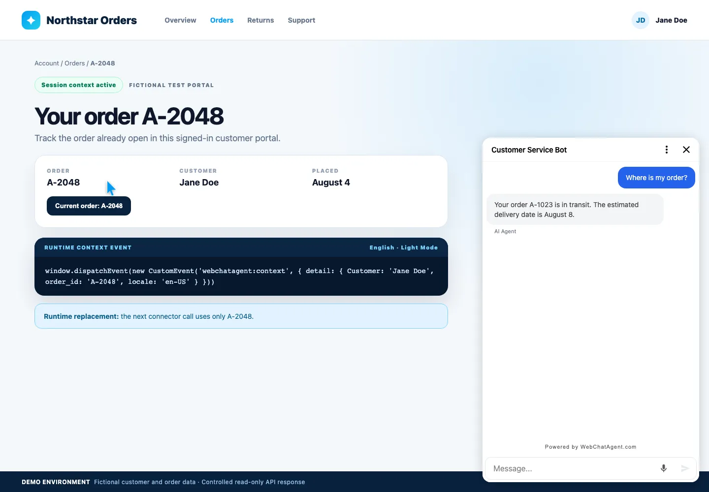 WebChatAgent interface showing replace context after login or navigation