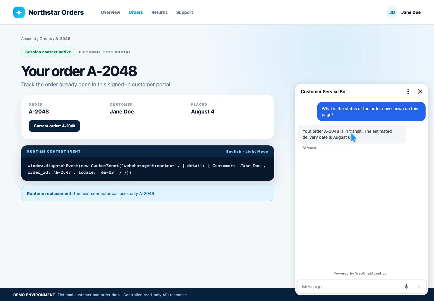 WebChatAgent interface showing verify only a-2048 is used next