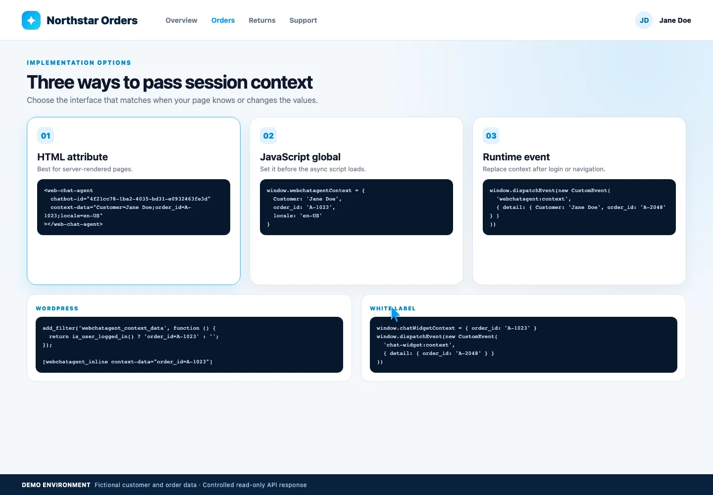 WebChatAgent interface showing choose attribute, global, event or platform integration