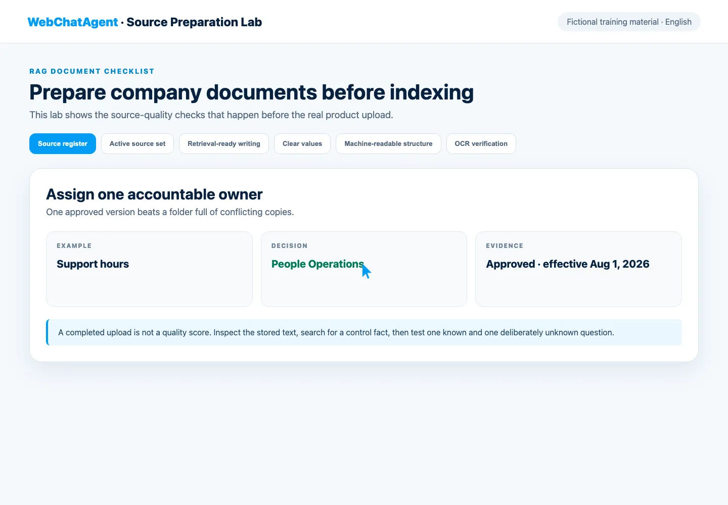 WebChatAgent interface showing build a source register and assign authority