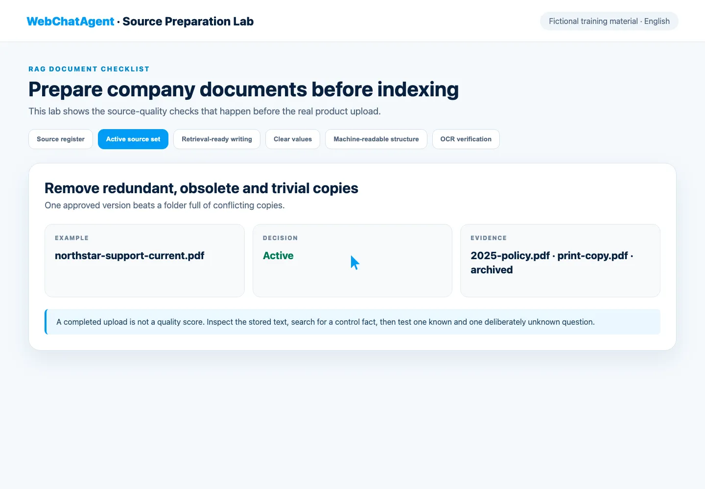 WebChatAgent interface showing remove redundant, obsolete and trivial content