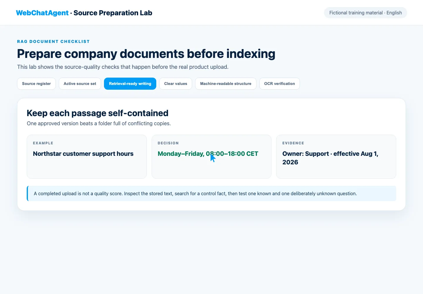 WebChatAgent interface showing rewrite important facts as self-contained sections