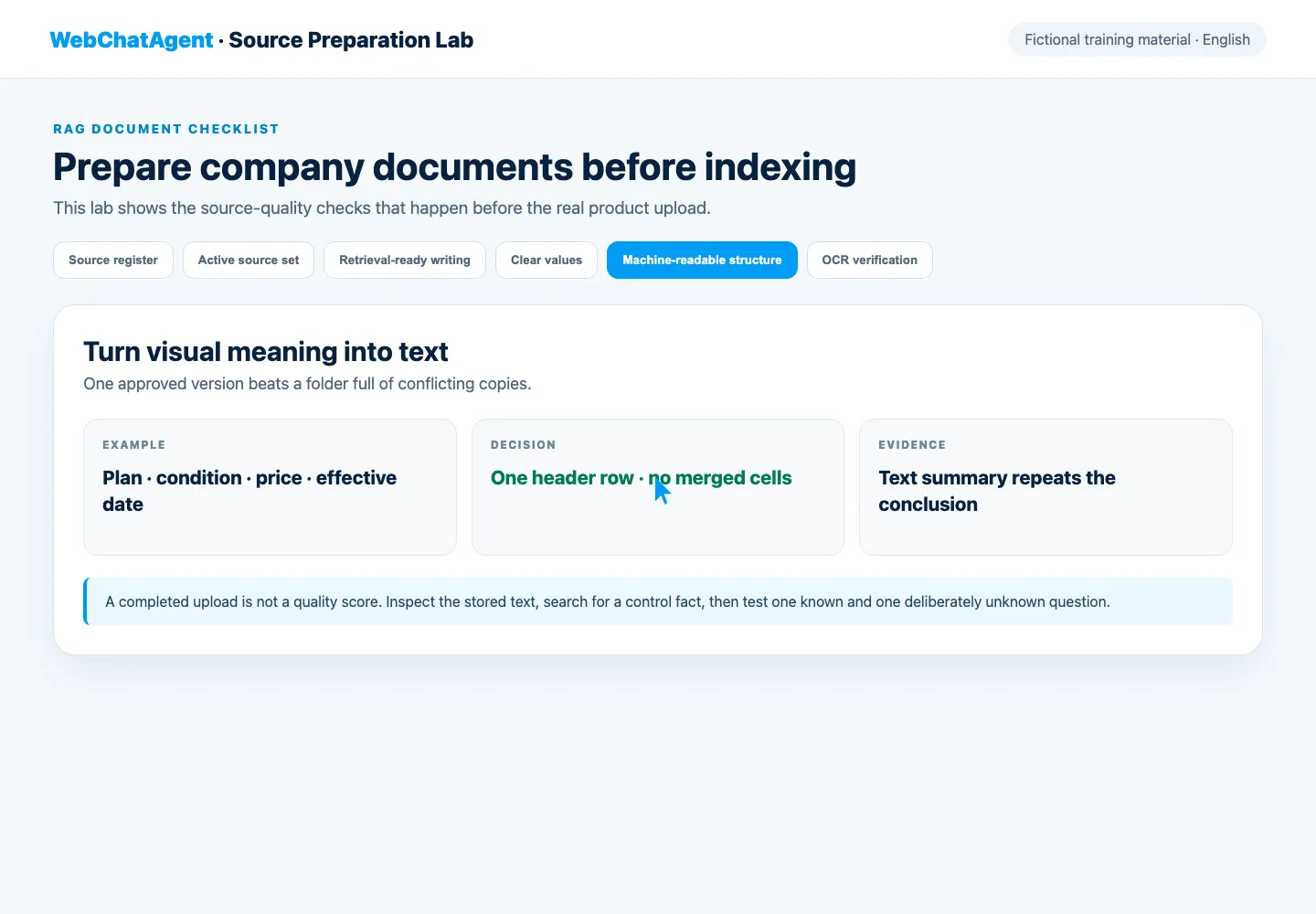 WebChatAgent interface showing convert complex tables and images into retrievable text