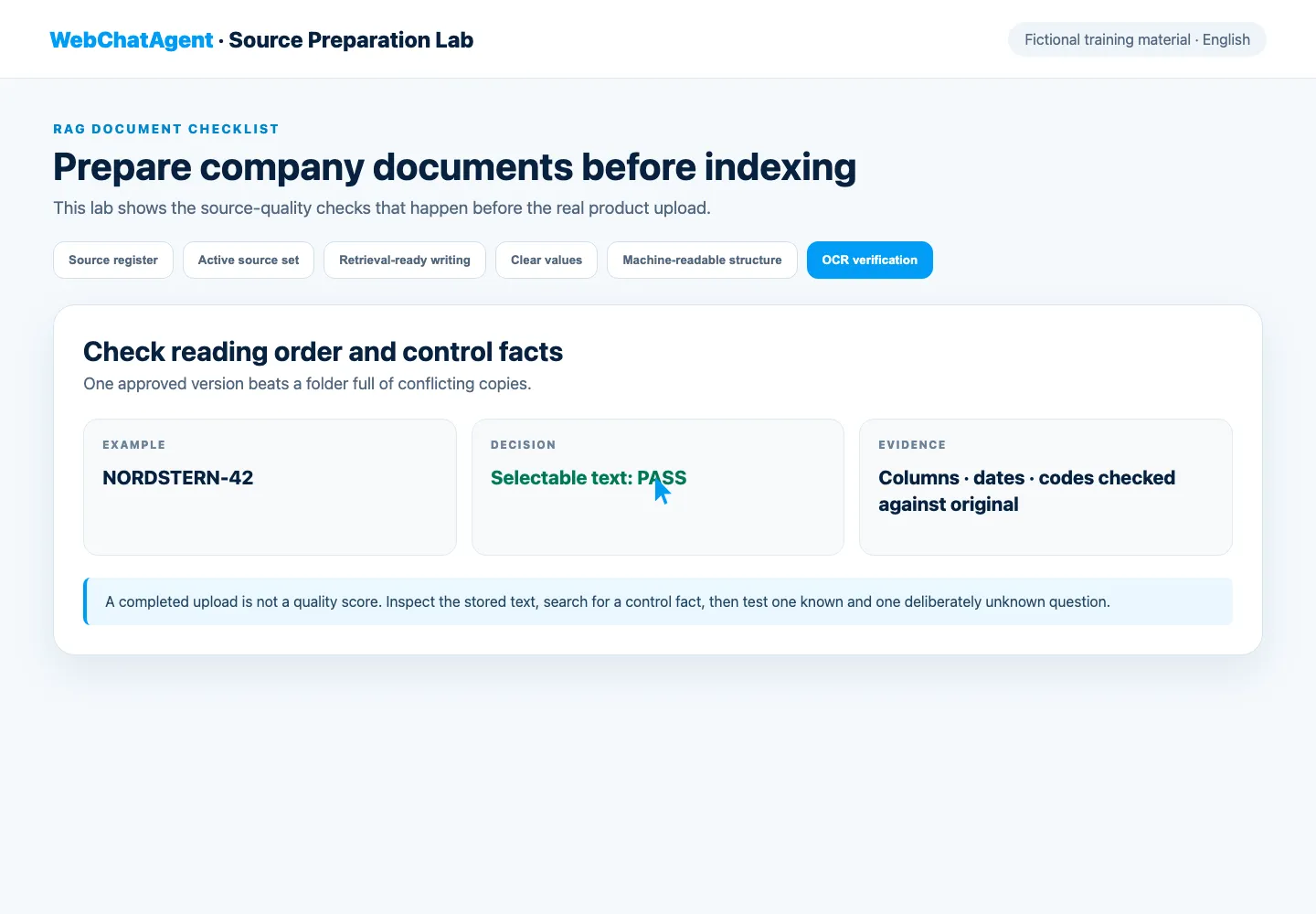 WebChatAgent interface showing run ocr and check the extracted reading order