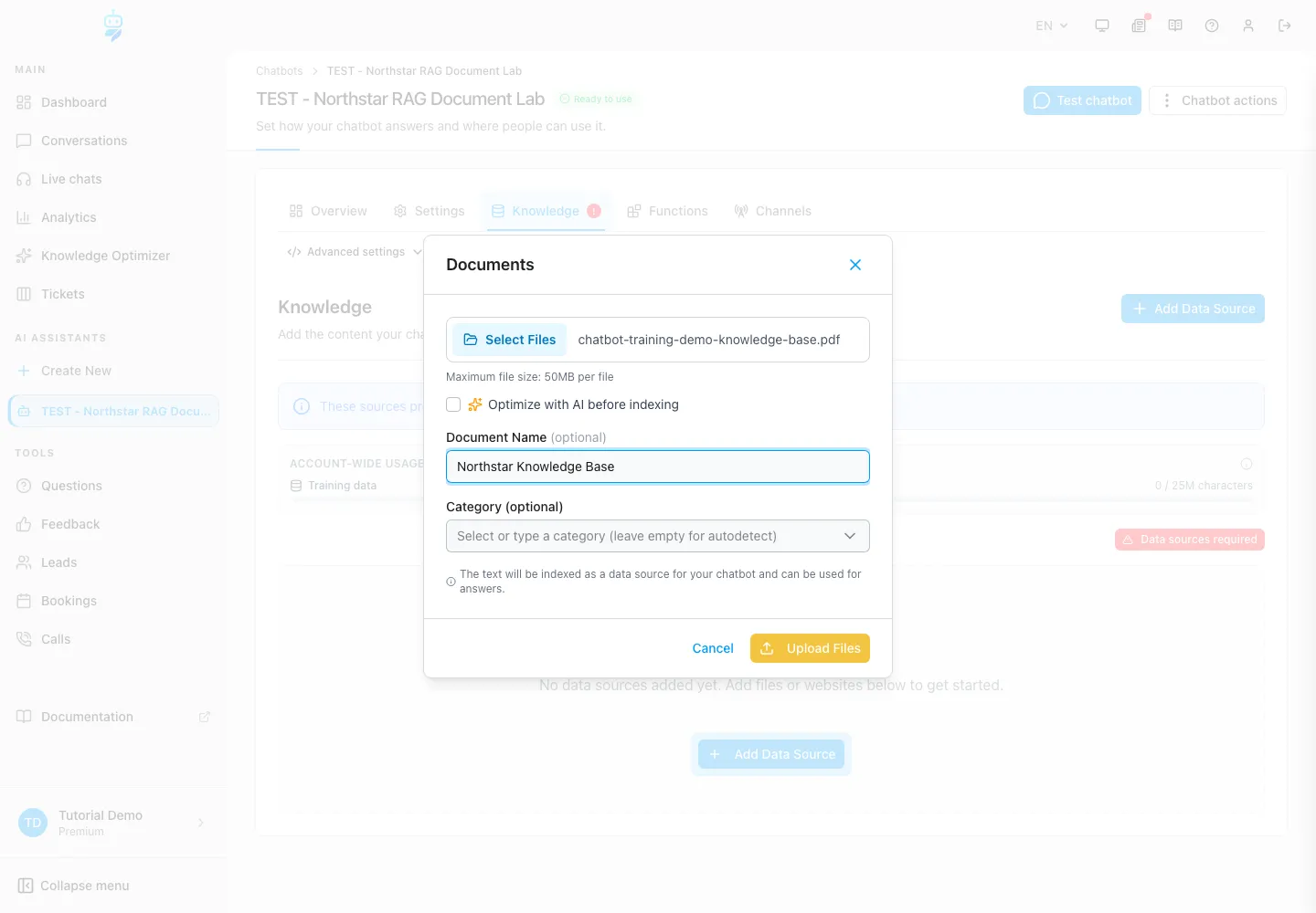 WebChatAgent interface showing upload the clean document with understandable metadata