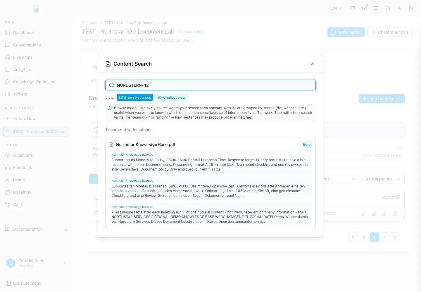 WebChatAgent interface showing search the index for the unique control fact